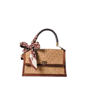 Kajood Wicker Thailand Handmade Small Bag Brown Color Gold Fitting Lock Tie SilkScarft Leather Handle Handbag