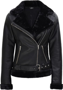 Veste moto en cuir véritable pour femme avec garniture en fourrure, fermeture éclair, manches longues, style hiver, couleur unie - Product Image 3