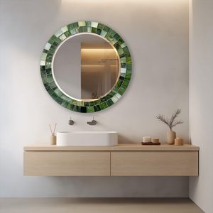 Miroir mural rond de luxe en mosaïque verte avec cadre géométrique vert forêt émeraude, miroir décoratif moderne pour le salon - Product Image 3