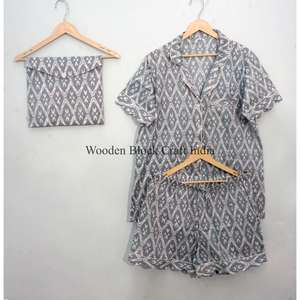 Conjunto de Pijama de Algodón con Estampado a Mano, Estilo Canguro, Hecho en India, Vintage, Hermoso, Ropa de Dormir Corta para Otoño, Verano y Primavera - Product Image 6