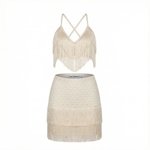 Cream 2 Piece Set Crossed Halter <b>Top</b> With Tassel And <b>Fringe</b> Skirt Women's Beachwear - Product Image 1