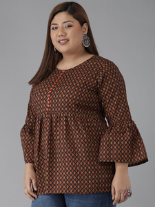 Women's <b>Plus</b> <b>Size</b> Cotton Geometrical Printed Regular A LINE Kurti Round Neck Flared Sleeve Black Casual Ethnic Wear Wholesale - Product Image 2