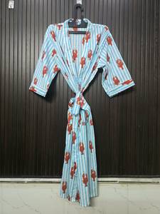 Robe longue en coton pour femmes, imprimé homard, rayée, manches trois quarts, col en V, peignoir décontracté avec fermeture à cordon - Product Image 3