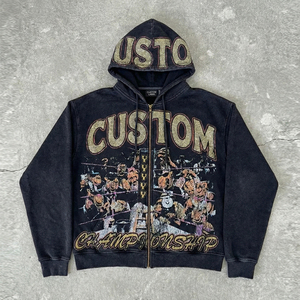 เสื้อฮู้ดดี้ผู้ชายแบบซิป หนัก 400 GSM สไตล์สตรีทแวร์ แต่งลายพิมพ์ดิจิตอลด้วยคริสตัล  รับผลิตตามแบบ OEM ขนาดใหญ่พิเศษ ดีไซน์ทำเก่าแบบ Distressed - Product Image 1