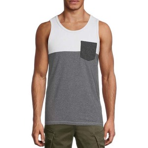 Débardeur pour homme à blocs de couleur avec poche, col rond, décontracté, tricoté, sans manches, gris et blanc, en coton - Product Image 3