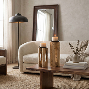 Juego de Portavelas de Madera Rústica con Diseño Geométrico Hecho a Mano con Bandeja de Metal para Decoración de Hogar de Lujo, Alta Calidad - Product Image 3