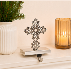 Silver Filigree Cross Christmas <b>Stocking</b> <b>Holder</b> For Mantle Metal Ornate Religious <b>Stocking</b> Hanger Decorative Holiday Mantel Home - Product Image 2