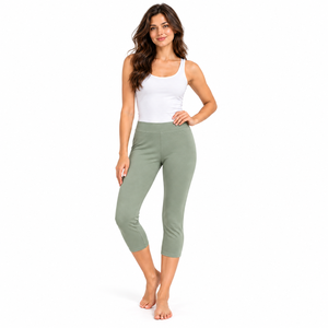 Women Sage Capri <b>Leggings</b> Breathable High Waist Compact Siro Viscose Stretch Jersey <b>Cropped</b> Soft Casual Lounge Wear OEM - Product Image 1