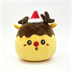 Peluche de reno personalizado que parpadea, peluche de reno amarillo redondo con astas marrones, peluche de reno con gorro de Papá Noel, peluche de reno con nariz roja - Product Image 1