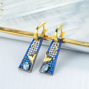 Boucles d'oreilles vintage plaquées or avec saphir bleu et incrustation de diamants pour femmes, bijoux de fête - Product Image 4