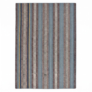 Tapis en laine DECORDEC à rayures verticales bleu poussière, marron et ivoire, antidérapant, écologique, tissé, pour salon, chambre et hôtel - Product Image 1