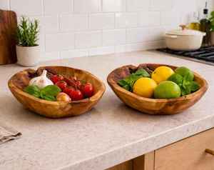 Cuencos de servir de madera natural con forma irregular, base con pie y borde curvo ovalado, vajilla rústica para ensalada, fruta, aperitivos, nueces y arroz - Product Image 2