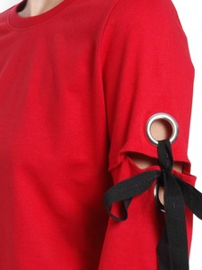 Knitted Women Sweatshirt Red Cut Out Sleeve Bow <b>Tie</b> Lace Up Crewneck Cropped Balloon Sleeve Ladies Pullover Cotton Fashion OEM - Product Image 4