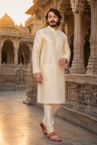 <b>Mens</b> Cream <b>Kurta</b> Pajama Ethnic White Traditional Festive Indian <b>Kurta</b> Pyjama Set <b>Men</b> Designer Groom Wedding Suit - Product Image 3