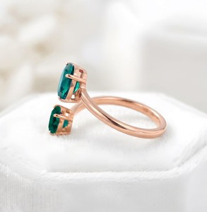 Bague Toi et Moi en Argent Sterling 925 Plaqué Or Rose avec Pierre Verte Ovale Ronde, Bague Ouverte Ajustable, Vente en Gros - Product Image 4