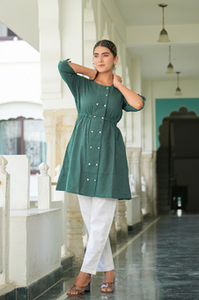 Vestido Túnica de Playa para Mujer, Talla Grande, Corte A, de Algodón Kantha No Tejido, Color Verde, Ecológico, Festivo, Étnico, con Cuello y Manga 3/4 - Product Image 3
