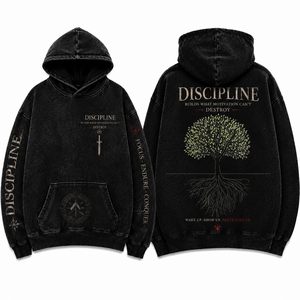 Sweat à capuche noir vieilli pour homme, coupe oversize en molleton de coton avec citations motivantes - Product Image 1