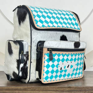 Mochila Pañalera de Cuero a Cuadros Estilo Occidental 2025, Hecha a Mano, con Bolso Cosmético a Juego, Conjunto de Dos Piezas para Mujer - Product Image 4