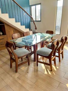 Modern Glass <b>Top</b> Dining <b>Table</b> Set <b>Solid</b> Teak <b>Wood</b> Chair Furniture Manufacturer Indonesia - Product Image 3