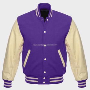 Chaqueta de béisbol universitaria de cuero de lana morada para hombre personalizada al por mayor, chaqueta de invierno bordada a la moda Vintage para escuela secundaria - Product Image 1