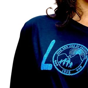 Women's Navy Blue <b>Off</b> <b>Shoulder</b> Long Sleeve Top with Bright Blue LOVE Emblem Graphic Stylish Casual Fashion Shirt Trendy Everyday - Product Image 4