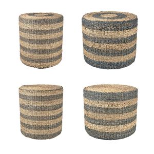 Handmade Striped Woven Seagrass Cylinder <b>Pouf</b> & Footstool-Rustic Modern Design for Living Room - Product Image 1