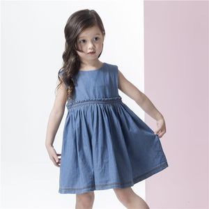 ODM Stone Wash Denim Knee Long Royal Blue Tank Dress para niñas - Product Image 1
