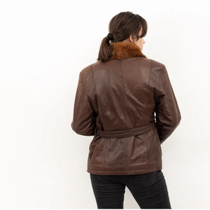 Veste bomber en cuir véritable pour femme avec col en fourrure de renard, ceinture, manteau d'hiver - Product Image 2