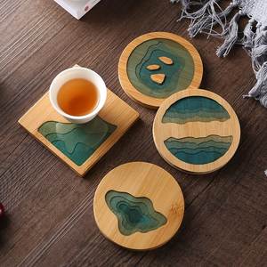 Sous-verres en bambou avec design paysager en résine, tapis ronds antidérapants, style zen asiatique, protège-plats résistants à la chaleur, ensemble de sous-verres en résine - Product Image 1