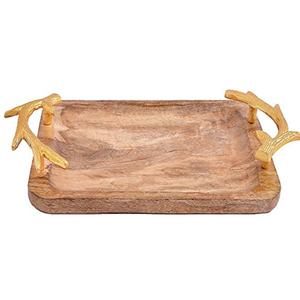 Best Selling Hotel Ware Food <b>Snacks</b> Serving <b>Tray</b> Elegant Wooden Serving <b>Tray</b> With Golden Accent Handle And Flower Design On-Sale - Product Image 5