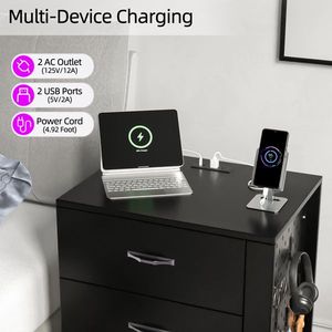 Comodino nero con 3 cassetti sul lato sinistro, con stazione di ricarica LED RGB e porte USB - Product Image 5
