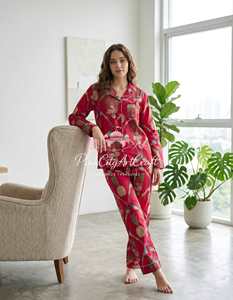 Luxury Maroon Cotton Pajama Set for Women Elegant Floral Pineapple Flock Print Summer Nightwear with Elastic Waist - Product Image 5
