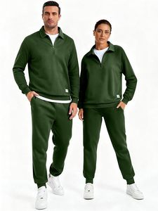 Conjunto Deportivo para Hombre, Verde Sólido, con Cierre de Media Cremallera, Manga Larga, Transpirable, de Poliéster, para Otoño, Corte Regular, Pantalones con Cordón Ajustable - Product Image 4