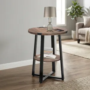 <b>Modern</b> Round Wood Side Table with Metal Legs and Storage <b>Shelf</b> Living Room Furniture with charging socket - Product Image 1