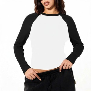 Trendy Women's White And Black <b>Raglan</b> Sleeve Crew Neck Long Sleeve T-Shirt Slim Fit Casual Knitted Cotton <b>Top</b> All Seasons Shirts - Product Image 3