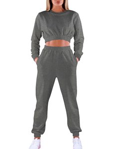 Ensemble de survêtement pour femmes, couleur unie, manches longues, col rond, coupe ample, vêtements d'automne, matière en coton respirant - Product Image 4