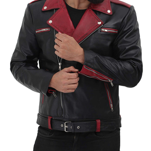 Chaqueta de Motociclista de Cuero Genuino para Hombre, Cuello Camisero, Cierre de Cremallera, Cinturón, Corte Ajustado, Color Negro Sólido, para Otoño e Invierno - Product Image 5