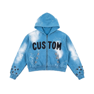 Sudaderas con cremallera para hombre, personalizadas, con pedrería y efecto desgastado, de algodón de alto GSM, con salpicaduras de pintura, estilo Hip Hop, cortas, OEM, para invierno, al por mayor - Product Image 2
