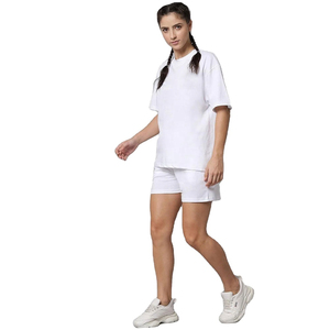 Women's <b>White</b> <b>2</b>-<b>Piece</b> Shorts <b>Set</b> O-Neck Short Sleeve Knitted Casual Breathable Spring Summer Solid Color Loose Fit - Product Image 3
