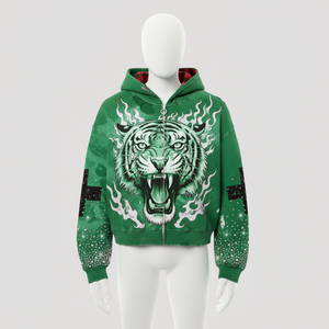 Custom <b>Rhinestone</b> Sleeve Zip Up Hoodie Tiger Flame Graphic Print Mens Fashion Streetwear Sweatshirt Embellished <b>Jacket</b> Wholesale - Product Image 2