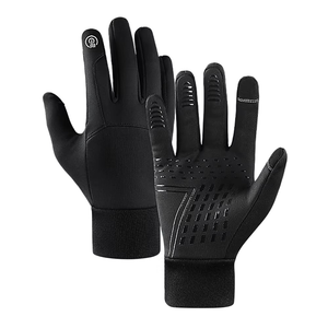 Gants tricotés coupe-vent d'hiver compatibles avec les écrans tactiles, design noir uni, logo sur le pouce gauche - Product Image 2