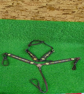 Western <b>leather</b> horse breastplate chest collar tack geometric bead concho studded <b>harness</b> adjustable riding halter set - Product Image 5