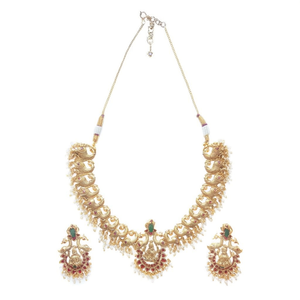 Lakshmi Devi Temple Wedding Necklace and Earring Set-Gold Plated Brass Alloy Fashion Jewelry for Women - Product Image 3