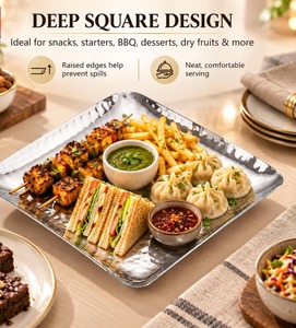 Stainless Steel Square Hammered Finish Deep Serving <b>Tray</b> Premium Multipurpose Platter Plate for Snacks Starters <b>BBQ</b> Parties - Product Image 3