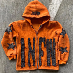 INFW <b>Orange</b> Fleece Zip-Up Hoodie <b>Men's</b> Oversized Streetwear Applique Letter Design Regular Sleeve Hooded <b>Sweatshirt</b> Autumn - Product Image 1