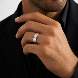 925 Sterling <b>Silver</b> Bezel Set Round Moissanite Ribbed Band <b>Ring</b> for <b>Men</b> Minimalist Wedding Engagement Daily Wear Jewelry Gift - Product Image 1