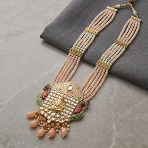 Collier pour femme DIVYORO en argent plaqué oxydé, style tribal multicouche, avec perles de pêche gaufrées GANESHA, longueur réglable - Product Image 3