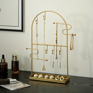 <b>Arched</b> <b>Frame</b> Jewelry Organizer With Multi Hook Bars Ring Tray Anti Tangle Necklace Holder Stable Base Elegant Vanity Display - Product Image 2