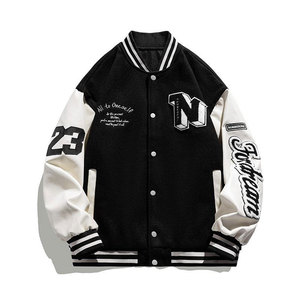 Men's Black Varsity Jacket Stand Collar Front Logo Embroidered Letter N Patch White Sleeves Preppy Style Winter Wear - Product Image 1