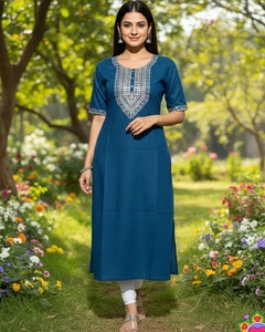 Indian Slub Cotton Kurti With Embroidery Sequence Work Regular Fit Ankle Length Traditional Indian Casual Wear Long <b>Kurtis</b> - Product Image 1